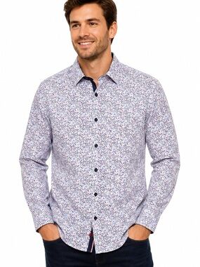 Au Noir Men's White Micro Floral Button-Down Shirt with Blue Accents